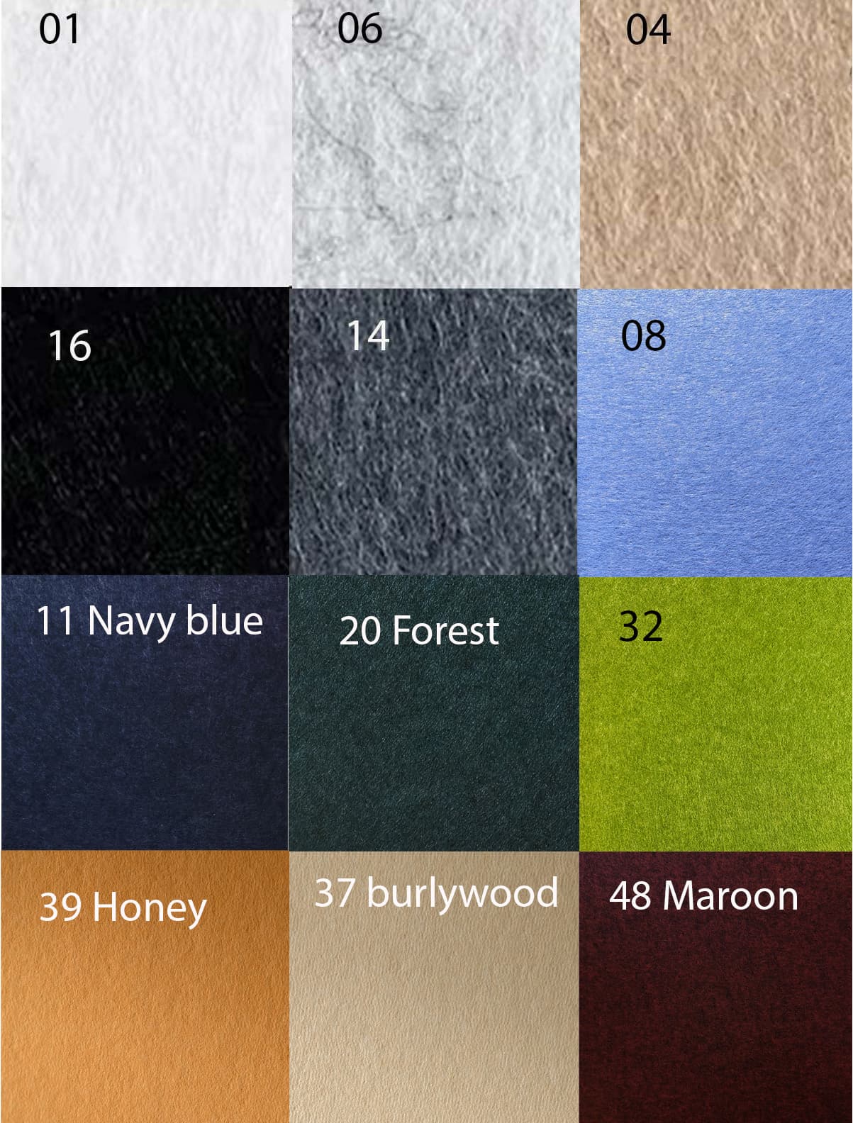 Colores disponibles para los paneles de fieltro Bilnora