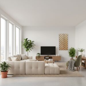 Freja efecto parquet en una sala TV, con pantalla mural, mueble bajo y ambiente cálido muy ordenado Freja efecto parquet en una sala TV, con pantalla mural, mueble bajo y ambiente cálido muy ordenado