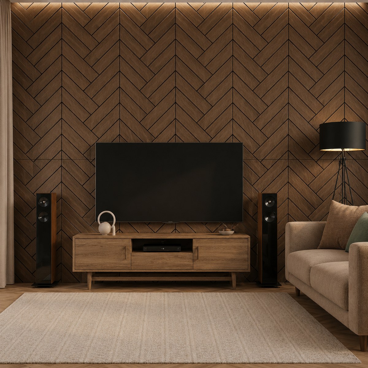 Freja parquet roble oscuro en una zona TV, con mueble negro y luz ambiental suave