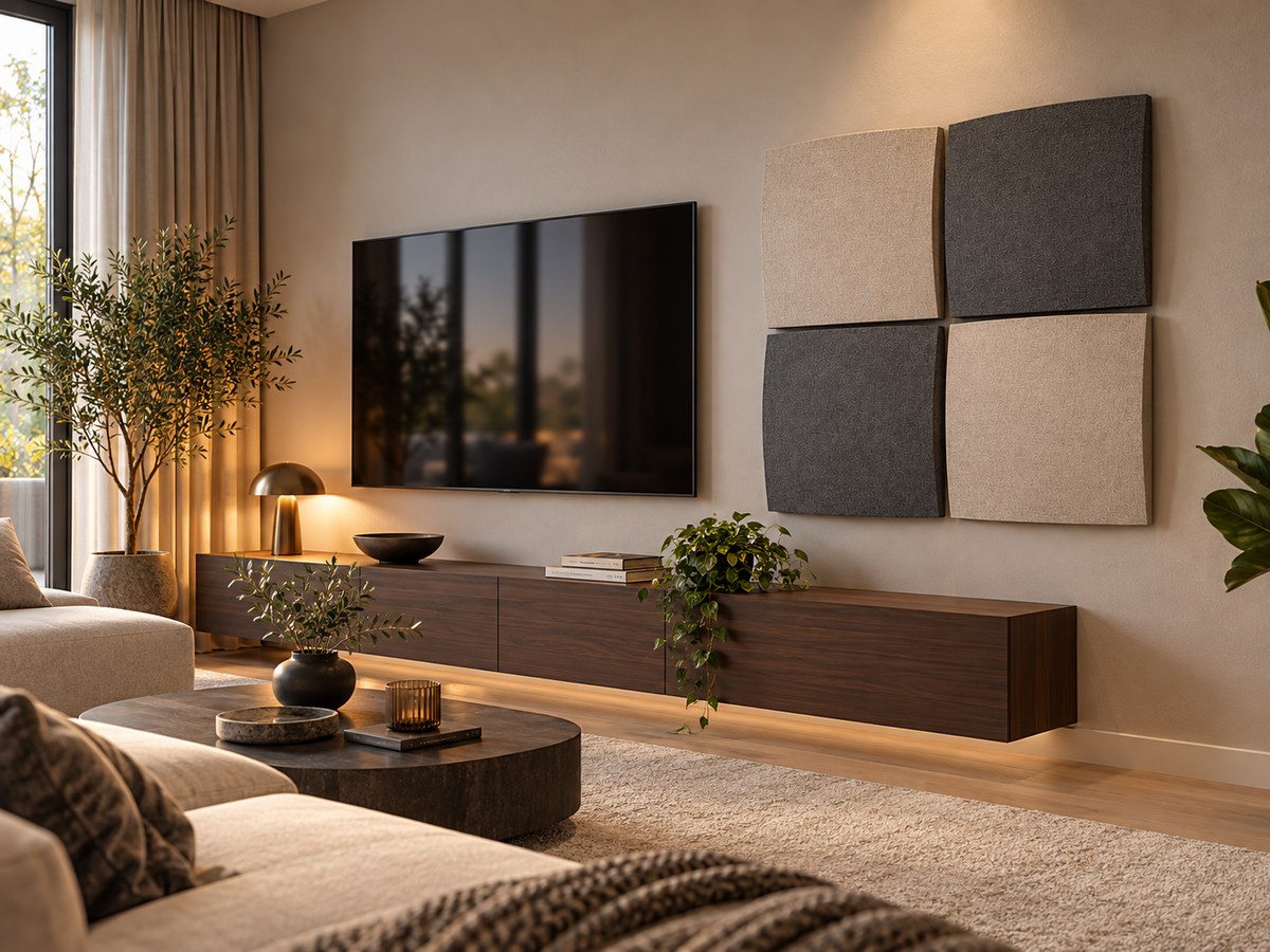 Panel 3D de 60x60 cm en una zona TV, con relieve suave y luz lateral que marca la forma - Esta imagen es una ilustración