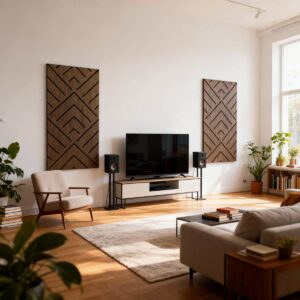 Panel Freja en V de roble oscuro detrás de un TV grande, con mueble bajo y luz ambiental cálida Panel Freja en V de roble oscuro detrás de un TV grande, con mueble bajo y luz ambiental cálida