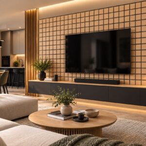 Panel cuadriculado Freja en una zona TV, con mueble bajo y luz indirecta muy suave – Esta imagen es una ilustración Panel cuadriculado Freja en una zona TV, con mueble bajo y luz indirecta muy suave - Esta imagen es una ilustración