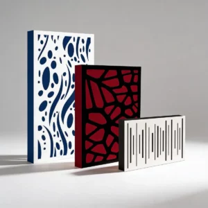 Paneles acústicos con frente difusor en varios colores y patrones