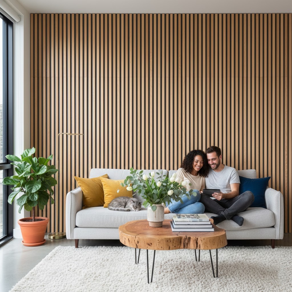 aislamiento acústico piso con paneles de madera decorativos en salón moderno