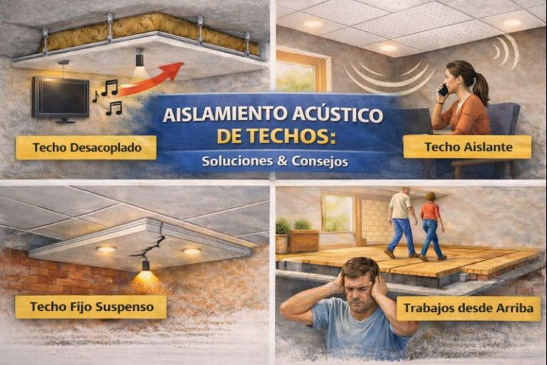 Aislamiento acústico de techos con techo desacoplado, techo fijo suspendido y trabajos desde arriba comparados visualmente