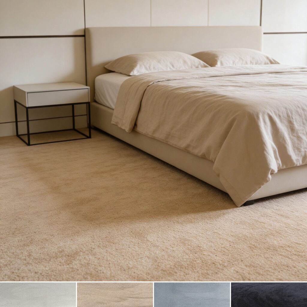 Alfombra anti ruido Aurora en dormitorio, cuatro colores: beige, arena, plata, antracita