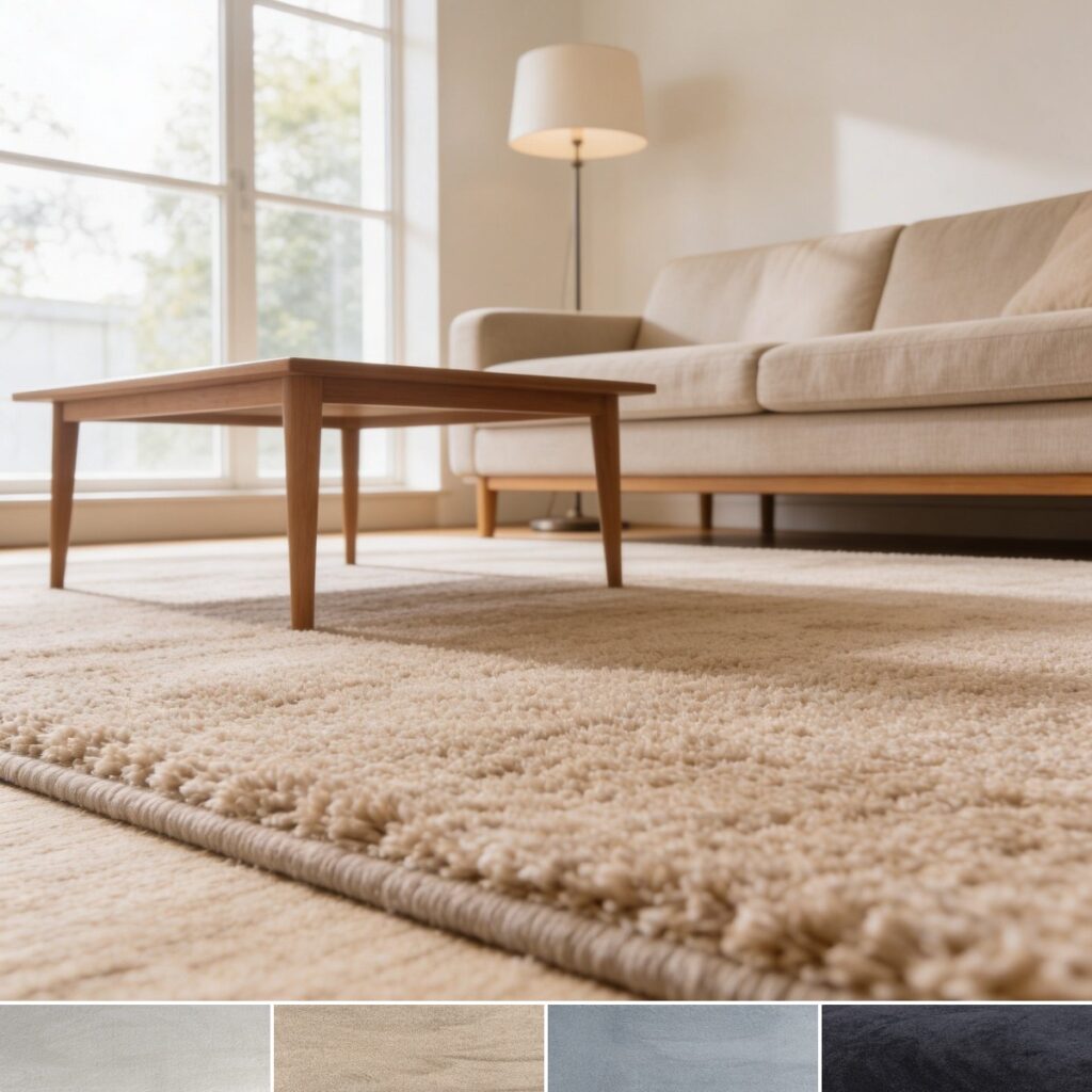 Alfombra anti ruido Aurora en salón, cuatro colores: beige, arena, plata, antracita