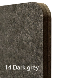 bilnora-fieltro-dark-grey-textura-detalle Primer plano de la mampara acústica Bilnora en color Dark Grey, mostrando la textura fibrosa del fieltro, el grosor del panel y el acabado redondeado de la esquina.