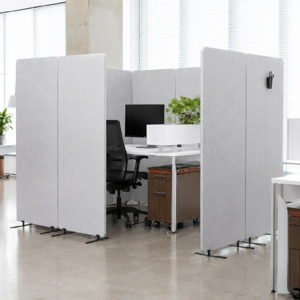 Mamparas acústicas móviles Bilnora en color Silver colocadas alrededor de puestos de trabajo para crear zonas visualmente separadas dentro de una oficina abierta.