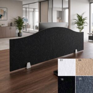 Panel de concentración para escritorio Bilnora en color negro con forma ondulada, instalado sobre una mesa y acompañado de una muestra de los colores disponibles.