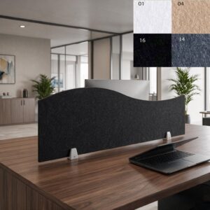 Panel Bilnora de fieltro en forma de ola 120x40x1,2 cm en color oscuro, mostrado en un escritorio junto a muestras de los colores disponibles blanco, beige, negro y gris.