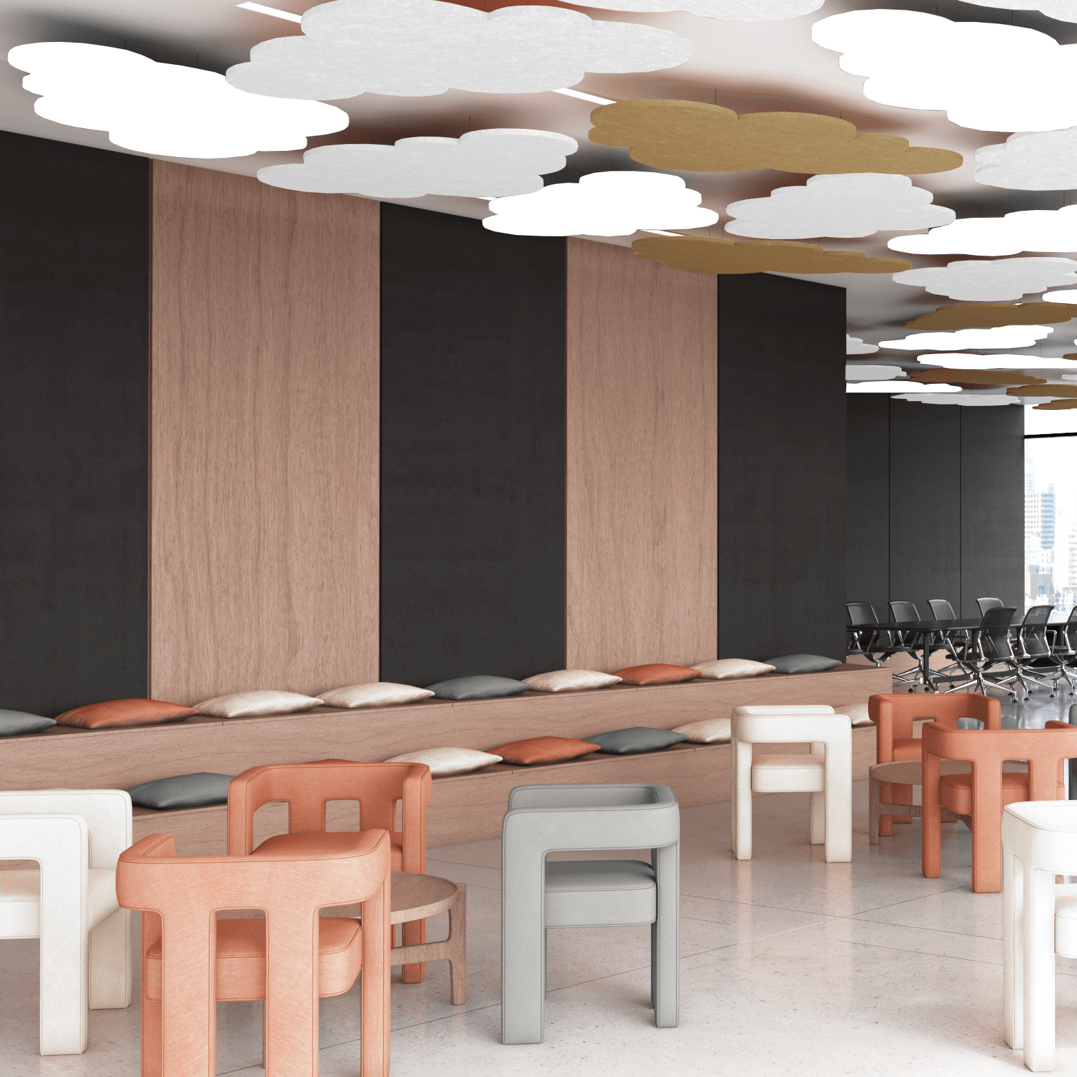 Paneles acústicos de techo Bilnora con forma de nube en un interior moderno