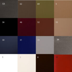 colores-tela-paneles-acusticos Muestrario de colores para el revestimiento textil de paneles acústicos, con tonos neutros, beige, marrón, verde, rojo, azul, gris, blanco y negro identificados por códigos.