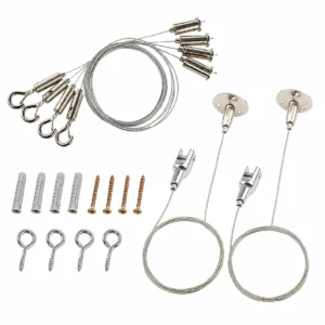 Conjunto completo de accesorios para suspensión de paneles acústicos, con kit vertical para paneles Bilnora de 1,2 cm y kit horizontal para paneles Bilnora o paneles con marco de madera adecuado.