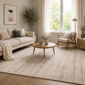 Alfombra Luxury Harmony bicolor 09WSW colocada en un salón moderno y luminoso, combinada con sofá claro, sillón de madera y mesa redonda.