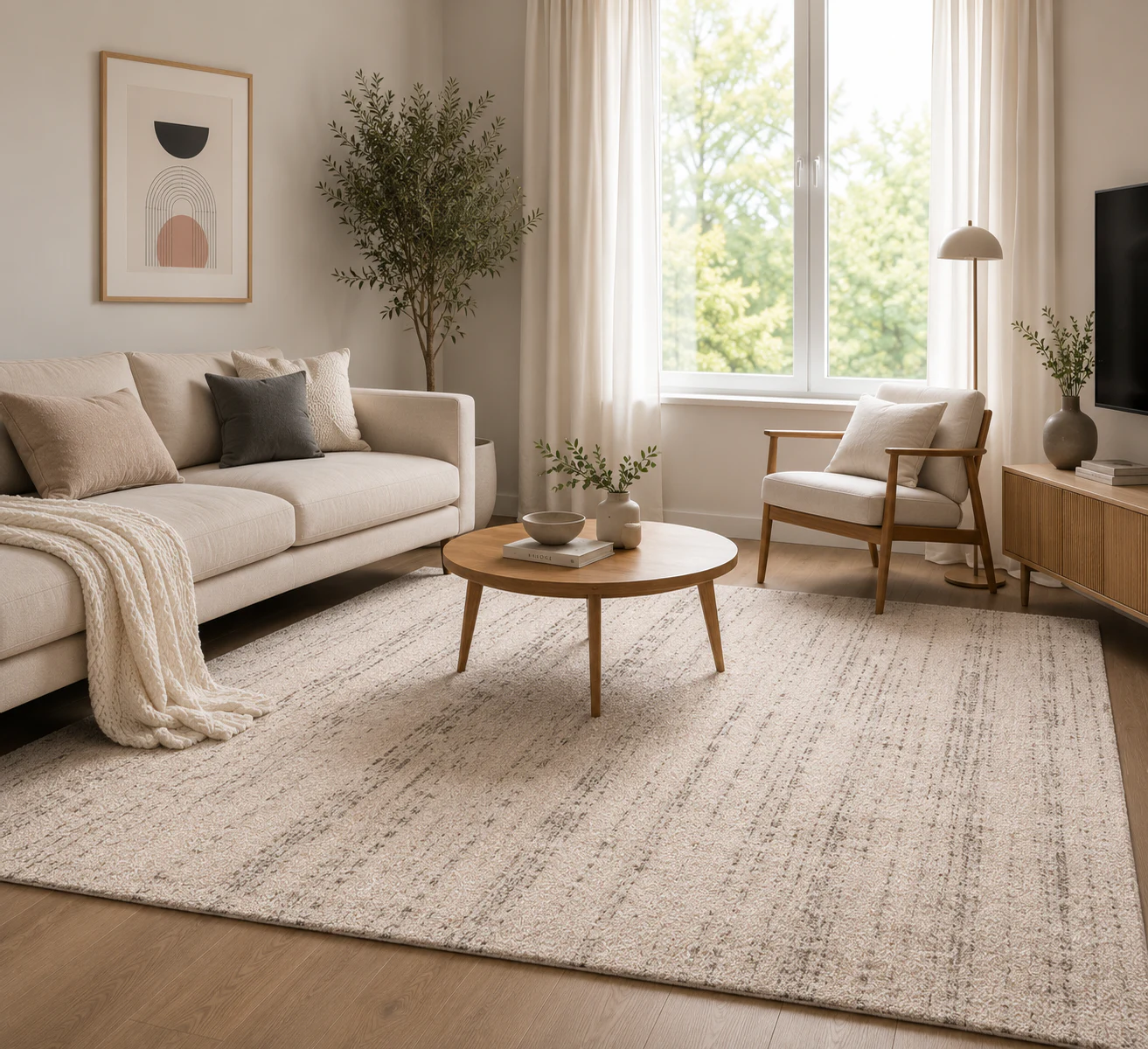 Alfombra Luxury Harmony bicolor 09WSW colocada en un salón moderno y luminoso, combinada con sofá claro, sillón de madera y mesa redonda.