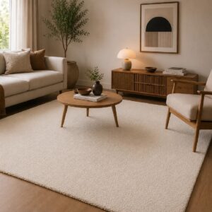 Alfombra redonda Luxury Harmony 01WWW colocada en un salón moderno y sereno, con mesa redonda central y decoración en tonos naturales.