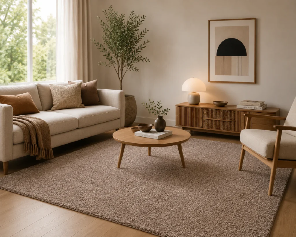 Alfombra rectangular Luxury Harmony 01000 en tono neutro beige topo colocada en un salón elegante con sofá claro, mesa de madera y mobiliario en tonos naturales.