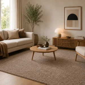Alfombra rectangular Luxury Harmony 01000 en tono neutro beige topo colocada en un salón elegante con sofá claro, mesa de madera y mobiliario en tonos naturales.