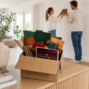 Caja con muestras de materiales Perfect Acoustic que incluye tejidos de varios colores, paneles de lamas de madera y diferentes acabados, mientras al fondo una pareja compara una muestra en la pared.