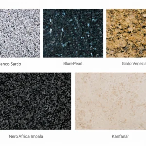 muestras-piedra-natural-granito-caliza-colores Muestrario de piedra natural con granito Bianco Sardo, Blue Pearl, Giallo Veneziano y Nero Africa Impala, además de piedra caliza Kanfanar, mostrando sus diferentes colores y estructuras minerales.