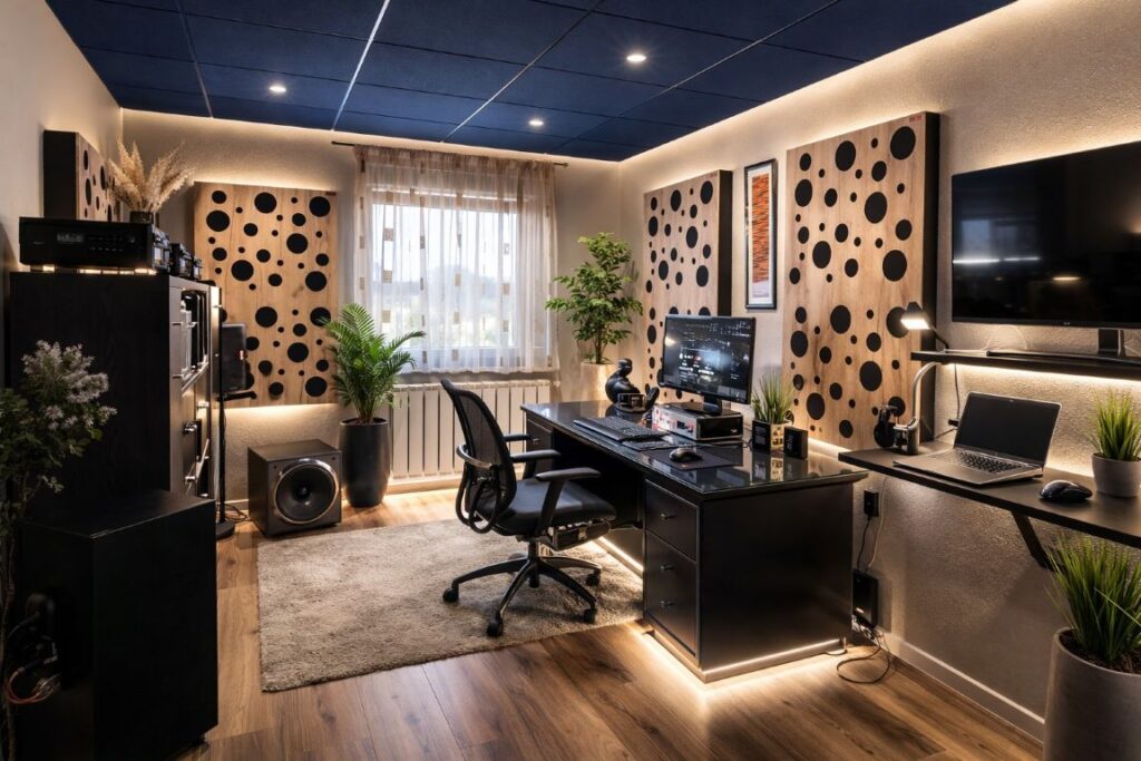 Oficina doméstica con paneles acústicos y techo con insonorización delgada