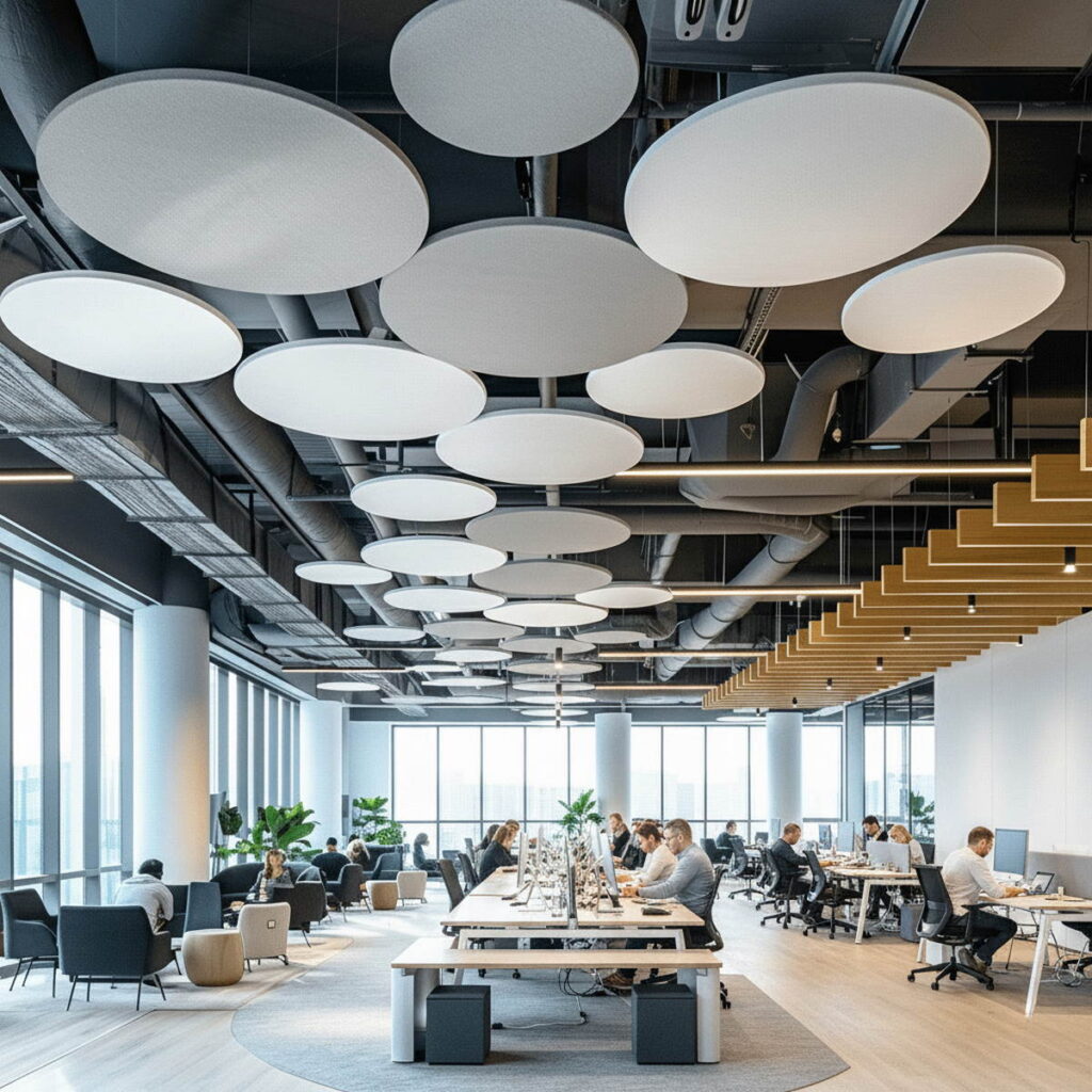 Paneles de techo redondos para aislamiento acústico en oficina moderna