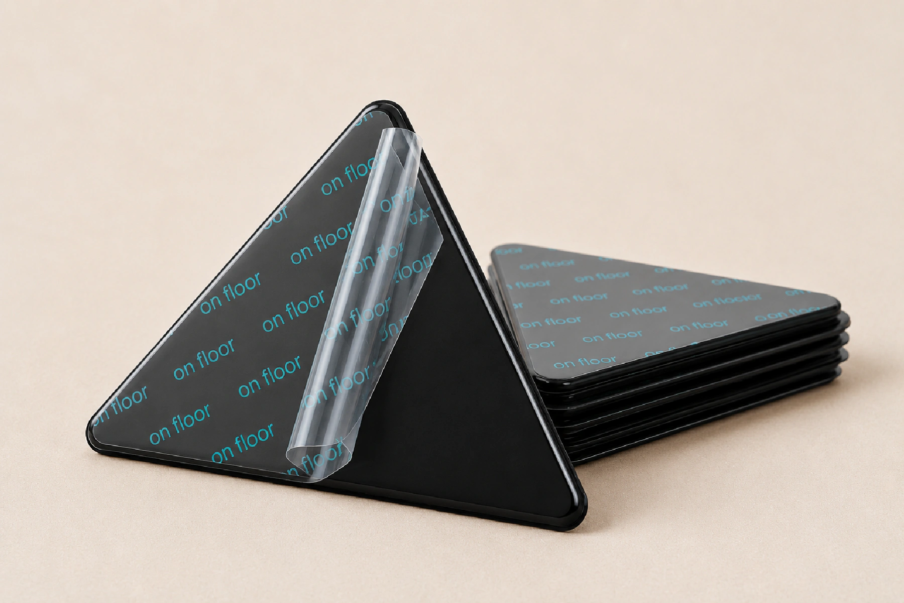 Pegatinas antideslizantes triangulares para alfombras en color negro, apiladas y con la película protectora parcialmente retirada para mostrar la superficie adhesiva.