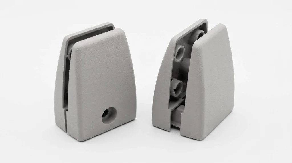 Pinza plana de fijación para pantallas acústicas de escritorio Bilnora, presentada en posición cerrada y abierta para mostrar su estructura interior y el sistema de sujeción del panel.