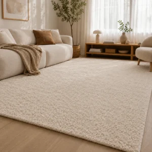 Alfombra Professional Calm Beige de pelo largo y textura densa, colocada en un salón luminoso de tonos neutros que también puede funcionar como oficina en casa.