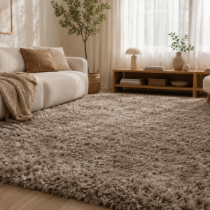 Alfombra Professional Calm Brown en tono marrón topo, de pelo largo y textura mullida, colocada en un salón luminoso con sofá claro y mobiliario de madera.