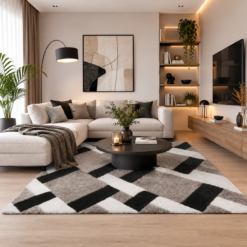 Alfombra Professional Calm Grid Grey con motivo geométrico gris, blanco y negro colocada en un salón moderno bajo una mesa de centro.
