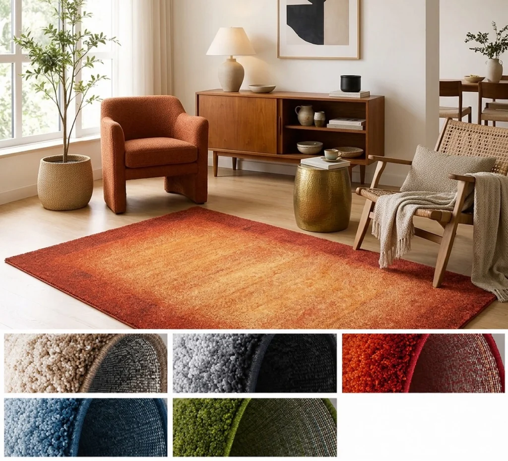 Alfombra Pure Tone en tono terracota con efecto degradado, colocada en un salón de estilo cálido con sillón tapizado, mueble de madera y butaca de rejilla.