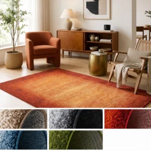 Alfombra Pure Tone en tono terracota con efecto degradado, colocada en un salón de estilo cálido con sillón tapizado, mueble de madera y butaca de rejilla.