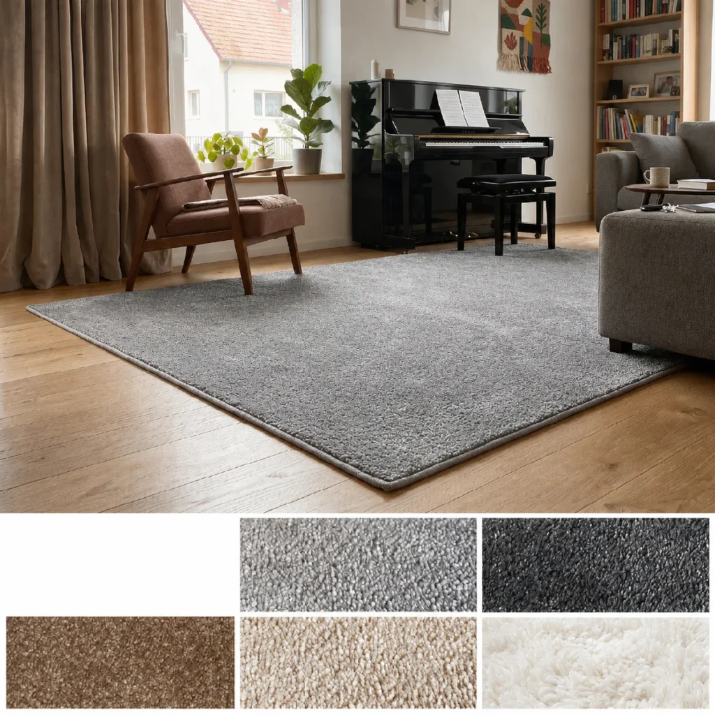 Alfombra Silent en color gris claro colocada en un salón con piano, acompañada de un muestrario de colores y detalles de textura en gris claro, gris oscuro, beige medio, beige y blanco.