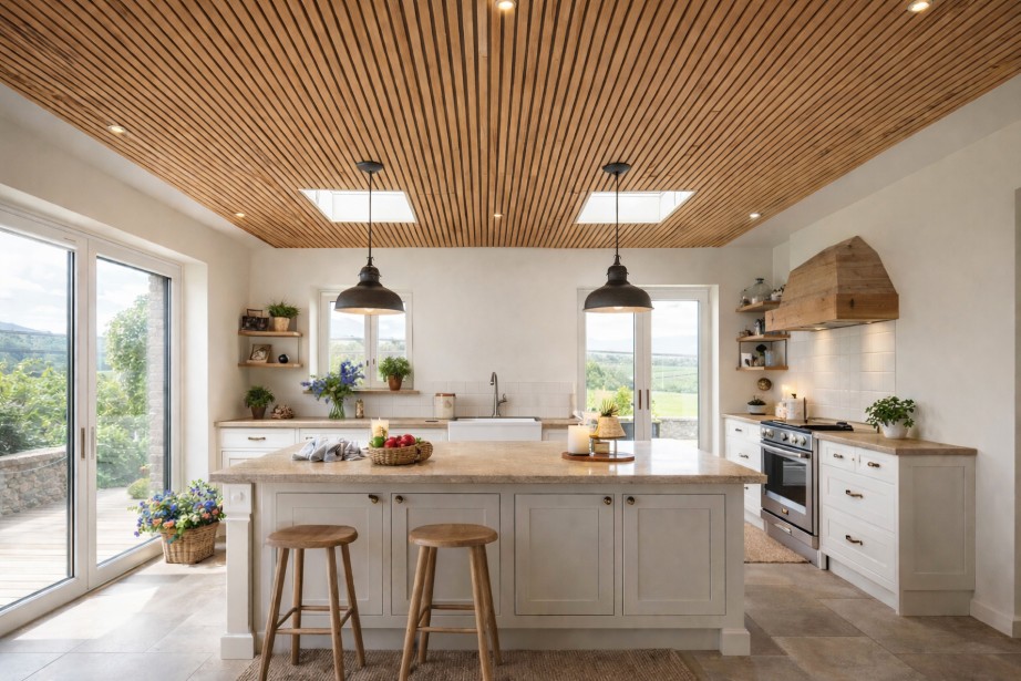 Techo de lamas de madera con insonorización delgada en cocina moderna